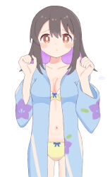 Rule 34 | 1girl, :t, absurdres, black hair, blue bow, blue kimono, blush stickers, bow, bow bra, bow panties, bra, breasts, brown eyes, cleavage, collarbone, colored inner hair, commentary, cowboy shot, hair between eyes, hair down, hands up, highres, japanese clothes, kimono, long hair, looking at viewer, medium breasts, multicolored hair, navel, omochi tabeyo97, onii-chan wa oshimai!, open clothes, open kimono, oyama mihari, panties, pout, purple hair, simple background, solo, straight-on, two-tone hair, underwear, white background, wide sleeves, yellow bra, yellow panties, yukata