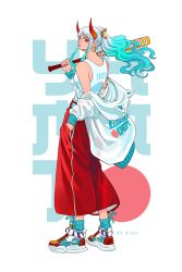 Rule 34 | 1girl, alternate costume, aqua hair, artist name, bare shoulders, baseball bat, basketball jersey, closed mouth, curled horns, earrings, expressionless, floating hair, from side, full body, green hair, hair ornament, hair stick, hand in pocket, hand up, high ponytail, highres, holding, holding baseball bat, hood, hood down, hooded jacket, horns, jacket, jewelry, k164, long hair, long sleeves, looking at viewer, multicolored hair, multicolored horns, off shoulder, one piece, oni, open clothes, open jacket, orange horns, over shoulder, pants, pocket, red eyes, red horns, shoes, sneakers, socks, solo, standing, very long hair, white hair, yamato (one piece)