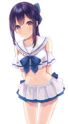 Rule 34 | 1girl, bare shoulders, blue bow, blush, bow, bowtie, brown eyes, closed mouth, collarbone, cowboy shot, crop top, hair bow, highres, long hair, looking at viewer, midriff, miniskirt, navel, original, pleated skirt, ponytail, purple hair, rimo, sailor collar, school uniform, serafuku, shirt, simple background, skirt, solo, standing, stomach, thighs, white background, white shirt, white skirt