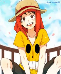 Rule 34 | 1boy, brown eyes, curry gohan, hat, indian style, male focus, monkey d. luffy, one piece, one piece film: z, shirt, sitting, smile, smiley, solo, straw hat, t-shirt