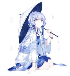 Rule 34 | 1girl, blue dress, blue hair, bracelet, brown eyes, closed mouth, constellation print, dress, full body, halterneck, highres, holding, holding umbrella, jewelry, long hair, long sleeves, looking at viewer, migolu, oil-paper umbrella, sash, seiza, simple background, sitting, smile, solo, space, star (sky), star (symbol), starry sky print, umbrella, vocaloid, vocanese, white background, xingchen