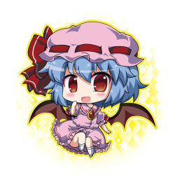 Rule 34 | 1girl, bad id, bad pixiv id, bat wings, blue hair, blush, bow, brooch, chibi, dress, fang, hat, hat bow, jewelry, looking at viewer, mob cap, noai nioshi, open mouth, pink dress, puffy short sleeves, puffy sleeves, red eyes, remilia scarlet, short sleeves, smile, solo, sparkle, touhou, wings