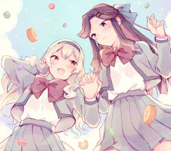 Rule 34 | 2girls, :d, baumkuchen, black hairband, blonde hair, blouse, blue bow, blue eyes, blue sky, blunt ends, blush, bow, bowtie, brown hair, cake, closed mouth, cloud, commentary request, day, fingernails, food, from below, grey jacket, grey skirt, hair bow, hair ornament, hairband, half updo, hand in own hair, hands up, holding hands, interlocked fingers, jacket, long hair, looking at another, looking at viewer, macaron, miniskirt, multiple girls, open clothes, open jacket, open mouth, outdoors, pink eyes, pleated skirt, red bow, red bowtie, saijou claudine, school uniform, seishou music academy uniform, shirt, shirt tucked in, shoujo kageki revue starlight, sidelocks, skirt, sky, smile, standing, star (symbol), tendou maya, wato (ko), wavy hair, white shirt, x hair ornament, yuri