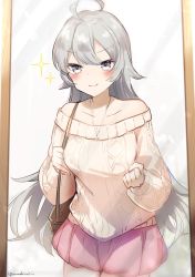 Rule 34 | 1girl, ahoge, bag, beige sweater, commentary request, cowboy shot, kantai collection, long hair, looking at mirror, looking at viewer, mirror, off-shoulder sweater, off shoulder, official alternate costume, pink skirt, reflection, grey eyes, silver hair, skirt, solo, sparkle, sweater, washington (kancolle), yamashichi (mtseven)