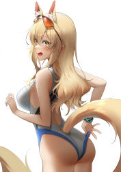 Rule 34 | 1girl, animal ears, arknights, ass, bare arms, bare shoulders, blonde hair, blush, breasts, commentary request, commission, cowboy shot, extra ears, eyewear on head, from behind, hair ornament, highres, horse ears, horse girl, horse tail, infection monitor (arknights), large breasts, long hair, looking at viewer, looking back, nearl (arknights), nearl (shimmering dew) (arknights), official alternate costume, one-piece swimsuit, open mouth, pixiv commission, ponytail, ri qing, sidelocks, solo, standing, swimsuit, tail, thighs, white background, white one-piece swimsuit, yellow eyes