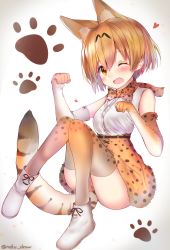 Rule 34 | 10s, 1girl, animal ears, animal print, bare shoulders, blonde hair, blush, boots, bow, bowtie, breasts, commentary request, elbow gloves, gloves, high-waist skirt, highres, kemono friends, knees together feet apart, looking at viewer, neku (neku draw), one eye closed, open mouth, paw pose, paw print, paw print background, serval (kemono friends), serval print, serval tail, shirt, short hair, sitting, skirt, sleeveless, sleeveless shirt, solo, tail, thighhighs, twitter username, yellow eyes
