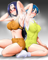 Rule 34 | 2girls, arm up, armpits, arms up, asahina natsuki, blue eyes, blue hair, blush, breasts, covered erect nipples, cum, cum on armpits, cum on body, hairband, hand on another&#039;s shoulder, hand on own head, hand on own thigh, highres, large breasts, long hair, looking at viewer, medium breasts, mokkouyou bond, mole, mole under mouth, multiple girls, navel, nipples, orange shorts, orange sports bra, red eyes, serizawa miki, shiny skin, shirt, short hair, short sleeves, shorts, simple background, sitting, sleeveless, sports bra, steaming body, super real mahjong, sweat, very long hair, white footwear, white shirt, yellow shirt, yellow shorts