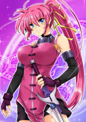 Rule 34 | 1girl, bare shoulders, black gloves, blue eyes, blush, breasts, dated, elbow gloves, fingerless gloves, gloves, grin, hair between eyes, hair ribbon, highres, impossible clothes, laevatein (nanoha), large breasts, long hair, looking at viewer, lyrical nanoha, magic circle, mahou shoujo lyrical nanoha, mahou shoujo lyrical nanoha a&#039;s, pink hair, purple gloves, ribbon, san-pon, sidelocks, signum, sleeveless, smile, sparkle, sword, twitter username, weapon, yellow ribbon