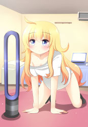Rule 34 | 1girl, air conditioner, all fours, bare shoulders, bed, bedroom, black socks, bladeless fan, blonde hair, blue eyes, blush, closed mouth, collarbone, commentary, commission, computer, full body, gabriel dropout, gabriel tenma white, hair between eyes, ikazu401, indoors, kneehighs, laptop, long hair, off shoulder, panties, rug, shadow, shirt, short sleeves, socks, solo, underwear, very long hair, white panties, white shirt