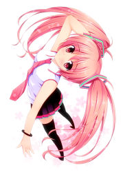 Rule 34 | 1girl, alternate color, alternate hair color, azure (capriccio), black footwear, boots, bracelet, from above, hatsune miku, jewelry, long hair, looking up, pink eyes, pink hair, sakura miku, skirt, smile, solo, thighhighs, twintails, very long hair, vocaloid, zettai ryouiki