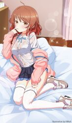 Rule 34 | 1girl, absurdres, ahoge, bra, brown hair, commentary request, curtains, finger to mouth, gakuen idolmaster, hanami ume, highres, hmax, idolmaster, jacket, looking at viewer, open mouth, pillow, school uniform, shoes, solo, sparkle, thighhighs, underwear, wet