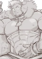 Rule 34 | 1boy, abs, animal hood, bara, bare pectorals, boar hood, body fur, chest harness, facial hair, fang, forked eyebrows, goatee, greyscale, gullinbursti (housamo), hand under clothes, harada (basashi), harness, hood, large pectorals, long sideburns, looking at viewer, male focus, mature male, monochrome, muscular, muscular male, navel, nipples, pectorals, revealing clothes, short hair, sideburns, solo, stomach, sweatdrop, tokyo houkago summoners, undercut, upper body