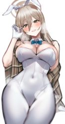 Rule 34 | 1girl, absurdres, akane (blue archive), akane (bunny) (blue archive), animal ears, arm at side, bad id, bad pixiv id, bare shoulders, blue archive, blue bow, blue bowtie, blurry, blush, bow, bowtie, breasts, brown eyes, cameltoe, cleavage, commentary, covered navel, cowboy shot, depth of field, detached collar, fake animal ears, from below, gloves, grin, hair between eyes, hairband, halo, hand up, head tilt, heavy breathing, highres, large breasts, leotard, light brown hair, long hair, looking at viewer, looking down, no eyewear, pantyhose, parted lips, playboy bunny, rabbit ears, shawl, simple background, smile, solo, standing, steaming body, strapless, strapless leotard, traditional bowtie, white background, white gloves, white hairband, white leotard, white pantyhose, yerim