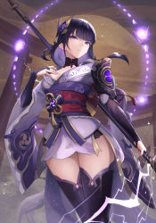 Rule 34 | 1girl, absurdres, armor, black thighhighs, braid, breasts, bridal gauntlets, cleavage, coattails, commentary request, electricity, floral print, flower, genshin impact, hair ornament, hand on own chest, highres, holding, holding polearm, holding weapon, japanese clothes, kimono, large breasts, light particles, long hair, long sleeves, looking at viewer, mitsudomoe (shape), mole, mole under eye, nail polish, obi, obiage, obijime, open mouth, polearm, purple eyes, purple flower, purple hair, purple nails, purple thighhighs, raiden shogun, ribbon, sash, shoulder armor, solo, tassel, tatty, thighhighs, tomoe (symbol), torii, weapon, wide sleeves