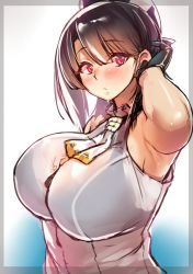 Rule 34 | 10s, 1girl, adapted costume, adjusting hair, armpits, bare arms, bare shoulders, beret, black bra, black gloves, black hair, blush, bra, breasts, commentary request, dress, gloves, hat, huge breasts, kantai collection, looking at viewer, looking to the side, neckerchief, parted lips, red eyes, see-through, short hair, solo, takamura wamu, takao (kancolle), underwear, upper body, wet, white dress, white neckerchief