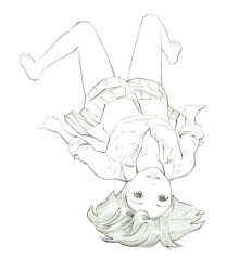 Rule 34 | 1girl, barefoot, grin, looking at viewer, lying, monochrome, on back, original, short hair, sketch, skirt, smile, solo, traditional media, upside-down, yoshitomi akihito