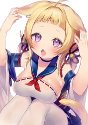 Rule 34 | 1girl, a (phrase), ahoge, animal ear fluff, animal ears, ariake (azur lane), asagi yuna, azur lane, bell, blonde hair, blunt bangs, breasts, cleavage, collarbone, commentary request, detached sleeves, ears down, fang, hair bell, hair ornament, hand on own ear, highres, holding ears, large breasts, looking at viewer, open mouth, pantyhose, purple hair, simple background, sitting, skin fang, solo, thighhighs, white background, white pantyhose