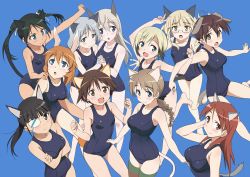 Rule 34 | 501st joint fighter wing, 6+girls, :d, :o, alternate costume, animal ears, bare shoulders, barefoot, black hair, blonde hair, blue background, blue eyes, blush, braid, breasts, brown eyes, brown hair, cat ears, cat tail, charlotte e. yeager, collarbone, crossed arms, dog ears, dog tail, eila ilmatar juutilainen, erica hartmann, everyone, eyepatch, feet, francesca lucchini, gertrud barkhorn, glasses, green eyes, green hair, highres, large breasts, long hair, looking at viewer, lynette bishop, matching outfits, minna-dietlinde wilcke, miyafuji yoshika, multicolored hair, multiple girls, old school swimsuit, one-piece swimsuit, open mouth, orange eyes, orange hair, perrine h. clostermann, ponytail, rabbit ears, rabbit girl, red hair, sakamoto mio, sanya v. litvyak, school swimsuit, shiny clothes, short hair, silver hair, simple background, single braid, smile, strike witches, striped clothes, striped legwear, striped thighhighs, swimsuit, tail, thighhighs, twintails, two-tone hair, world witches series, yamamoto shuuhei, yellow eyes