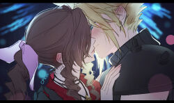 Rule 34 | 1boy, 1girl, aerith gainsborough, aqua eyes, armor, artist name, black gloves, black shirt, blonde hair, blurry, blurry background, blush, braid, braided ponytail, brown hair, cat princess, choker, closed mouth, cloud strife, couple, earrings, final fantasy, final fantasy vii, final fantasy vii remake, fireworks, flower choker, gloves, gold saucer, hair over eyes, hair ribbon, hand on another&#039;s shoulder, hetero, imminent kiss, jacket, jewelry, kiss, letterboxed, long hair, looking at another, parted bangs, pink ribbon, red jacket, ribbon, shirt, short hair, shoulder armor, sidelocks, single bare shoulder, single braid, single earring, sleeveless, sleeveless turtleneck, smile, spiked hair, square enix, turtleneck, upper body, wavy hair