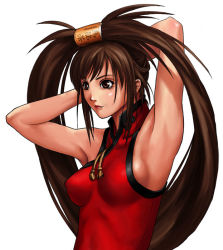 Rule 34 | 1girl, arc system works, armpits, arms behind head, arms up, bare shoulders, breasts, brown eyes, brown hair, chinese clothes, closed mouth, guilty gear, hair ornament, hair rings, kuradoberi jam, large breasts, long hair, looking away, micchii (mitchiee), mitchiee, red lips, sideboob, simple background, sleeveless, solo, tassel, upper body, white background