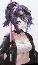 Rule 34 | 1girl, anizi, bandages, bandeau, black choker, black gloves, black jacket, blue eyes, blue hair, breasts, chest sarashi, choker, cleavage, collarbone, commentary request, eyewear on head, gloves, grey background, grin, highres, holding, holding sword, holding weapon, indie virtual youtuber, jacket, kson, long sleeves, looking at viewer, medium breasts, midriff, multicolored hair, navel, open clothes, open jacket, over shoulder, ponytail, purple hair, sarashi, short hair, sidelocks, smile, solo, souchou, stomach, strapless, sunglasses, sword, tube top, upper body, virtual youtuber, weapon, weapon over shoulder