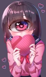 Rule 34 | 1girl, azen (mntimcczgrtn), black hair, blunt bangs, blush, box, covering own mouth, cuts, cyclops, from above, heart, heart-shaped box, heart-shaped pupils, highres, holding, holding box, injury, looking at viewer, medium hair, monster girl, one-eyed, original, pink eyes, school uniform, self-harm, serafuku, solo, sweater, symbol-shaped pupils, wrist cutting