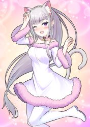 Rule 34 | 1girl, animal ears, bell, boots, braid, cat ears, cat girl, cat tail, collar, commentary request, dress, emilia (re:zero), extra ears, fur-trimmed dress, fur trim, head tilt, long hair, neck bell, one eye closed, paw pose, pink background, pointy ears, purple eyes, re:zero kara hajimeru isekai seikatsu, red collar, s (hdru2332), solo, tail, thigh boots, white dress, white footwear, white hair