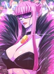Rule 34 | 1girl, black choker, blue eyes, breasts, choker, cleavage, fur trim, highres, hime cut, large breasts, manon legrand, pink hair, solo, street fighter, street fighter 6, sunglasses, tinted eyewear, tomato styles