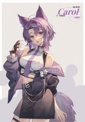 Rule 34 | 1girl, a-soul, absurdres, ahoge, animal ears, artist name, belt, black belt, black gloves, black jacket, black skirt, breasts, carol (a-soul), character name, chinese commentary, collared shirt, contrapposto, copyright name, cowboy shot, cropped shirt, fingerless gloves, gloves, grey background, hachisan, hair between eyes, highres, jacket, looking at viewer, medium breasts, medium hair, midriff, miniskirt, navel, necktie, off shoulder, open clothes, open jacket, open mouth, parted bangs, purple eyes, purple hair, purple necktie, ribbed shirt, shirt, simple background, single glove, single hair intake, skirt, sleeveless, sleeveless shirt, solo, standing, tail, thigh strap, virtual youtuber, wing collar