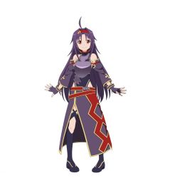 Rule 34 | 10s, 1girl, ahoge, armor, breastplate, detached sleeves, fingerless gloves, full body, gloves, hairband, long hair, looking at viewer, official art, pointy ears, purple hair, purple thighhighs, red eyes, red hairband, simple background, skirt, smile, solo, standing, sword art online, thighhighs, very long hair, white background, yuuki (sao)