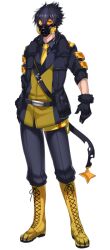 Rule 34 | 1boy, alternate color, black gloves, black hair, black pants, boots, creatures (company), cross-laced footwear, full body, fur-trimmed gloves, fur trim, game freak, gas mask, gen 4 pokemon, gloves, jacket, katagiri hachigou, lace-up boots, legs apart, luxray, male focus, mask, neckerchief, nintendo, open clothes, open jacket, pants, personification, pokemon, red eyes, shiny pokemon, short hair, simple background, solo, standing, white background, yellow footwear, yellow neckerchief