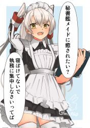 Rule 34 | 1girl, alternate costume, amatsukaze (kancolle), apron, artist logo, black dress, blue background, border, brown eyes, clipboard, commentary request, dress, enmaided, frilled apron, frills, gloves, grey hair, hair tubes, highres, kantai collection, maid, maid apron, maid headdress, mochizou, nib pen (medium), solo, thighhighs, traditional media, translation request, two-tone background, two side up, upper body, white apron, white border, white gloves, white hair, white thighhighs