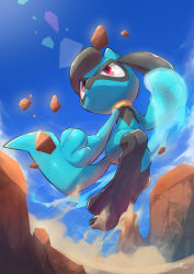 Rule 34 | absurdres, closed mouth, cloud, commentary, creatures (company), day, energy, from below, game freak, gen 4 pokemon, highres, looking up, nintendo, nullma, outdoors, pokemon, pokemon (creature), red eyes, riolu, rock, sand, sky, solo