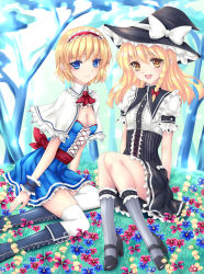 Rule 34 | 2girls, alice margatroid, blonde hair, blue eyes, blush, boots, bow, breasts, capelet, cleavage, cross-laced footwear, dress, female focus, fred0092, hair bow, hairband, hat, highres, kirisame marisa, lace-up boots, long hair, multiple girls, open mouth, short hair, small breasts, smile, socks, striped clothes, striped legwear, striped socks, striped thighhighs, thighhighs, touhou, vertical-striped clothes, vertical-striped legwear, vertical-striped socks, white legwear, wrist cuffs