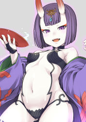 Rule 34 | 1girl, alcohol, blush, breasts, covered erect nipples, cup, fangs, fate/grand order, fate (series), gluteal fold, horns, japanese clothes, jingai modoki, kimono, looking at viewer, navel, oni, open clothes, open kimono, open mouth, pale skin, purple eyes, purple hair, sakazuki, sake, short hair, shuten douji (fate), shuten douji (first ascension) (fate), simple background, small breasts, smile, solo