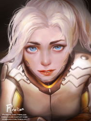 Rule 34 | 1girl, artist name, blonde hair, blue eyes, bodysuit, close-up, eyebrows, eyelashes, firolian, grey background, high ponytail, highres, leaning forward, light smile, lips, lipstick, looking at viewer, looking up, makeup, mercy (overwatch), no headwear, no wings, nose, overwatch, overwatch 1, parted lips, realistic, red lips, seductive smile, signature, smile, solo, upper body, watermark, web address