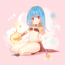 Rule 34 | 1girl, bikini, bikini top only, blue hair, blush, boots, breasts, brown bikini, brown capelet, brown footwear, brown gloves, brown hair, brown skirt, capelet, closed mouth, commentary request, fire, full body, gloves, hikarusorano, long hair, looking at viewer, mage (ragnarok online), magic, midriff, navel, o-ring, o-ring bikini, pelvic curtain, pink background, ragnarok online, red skirt, showgirl skirt, skirt, small breasts, smile, solo, squatting, staff, swimsuit
