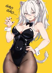 Rule 34 | 1girl, absurdres, ahoge, alternate costume, animal ear fluff, animal ear piercing, animal ears, bare shoulders, black bow, black bowtie, black leotard, black nails, black pantyhose, bow, bowtie, breasts, claw pose, commentary request, cowboy shot, detached collar, fingernails, gao, grey eyes, grey hair, groin, hair between eyes, hand on own hip, hand up, highleg, highleg leotard, highres, hololive, large breasts, leotard, light blush, lion ears, lion girl, lion tail, long fingernails, long hair, looking at viewer, nail polish, pantyhose, parted lips, romaji text, shishiro botan, simple background, smile, solo, standing, strapless, strapless leotard, tail, teeth, thigh gap, upper teeth only, virtual youtuber, white wrist cuffs, wrist cuffs, yellow background, zeiss