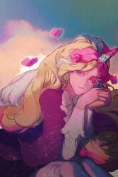 Rule 34 | 15629883, 1other, androgynous, blonde hair, closed mouth, commentary request, cookie run, cream unicorn cookie, highres, horns, long hair, long sleeves, looking at viewer, multicolored hair, pants, purple eyes, single horn, two-tone hair, very long hair, white hair, white pants