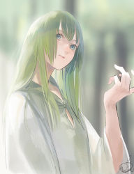 Rule 34 | 1boy, androgynous, blue eyes, blurry, blurry background, closed mouth, commentary request, enkidu (fate), fate/grand order, fate/strange fake, fate (series), from side, green hair, hand up, head tilt, long hair, long sleeves, looking at viewer, looking to the side, male focus, mizutame tori, robe, sidelocks, solo, toga, upper body, white robe, wide sleeves