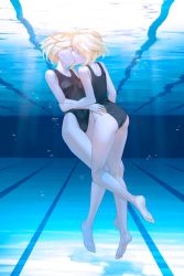 Rule 34 | 2girls, absurdres, air bubble, ass, backlighting, barefoot, black one-piece swimsuit, blonde hair, breasts, bubble, closed eyes, commentary, commission, covered navel, egk513, english commentary, highleg, highleg swimsuit, highres, kiss, multiple girls, one-piece swimsuit, original, pool, school swimsuit, short hair, small breasts, swimsuit, underwater, yuri