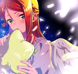 Rule 34 | 10s, 1girl, angel wings, bad id, bad pixiv id, blue background, blush, covering own mouth, dress, feathers, hair ornament, hairclip, holding, holding pillow, long hair, love live!, love live! school idol festival, love live! sunshine!!, pillow, red hair, sakurauchi riko, solo, star (symbol), upper body, white dress, wings, yellow eyes, yomo tsuka