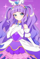 Rule 34 | 1girl, aqua eyes, commentary request, cure majesty, dress, elbow gloves, ellee-chan, eyelashes, gloves, hair ornament, happy, highres, hirogaru sky! precure, long hair, looking at viewer, magical girl, naka, precure, purple background, purple dress, purple hair, smile, solo, standing, twitter username, white gloves