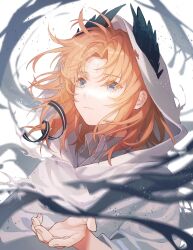 Rule 34 | 1boy, absurdres, arknights, black ribbon, blue eyes, cloak, closed mouth, collared shirt, feather hair, guozi375, hand up, highres, long sleeves, male focus, medium hair, orange cloak, parted bangs, passenger (arknights), ribbon, shirt, solo, upper body, white background, white cloak, white shirt, wing collar