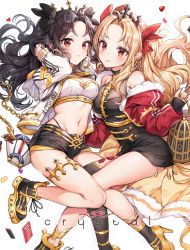 Rule 34 | 2girls, absurdres, ahoge, anklet, arm up, asymmetrical legwear, bare shoulders, belt, black bow, black dress, black hair, black legwear, black shorts, blonde hair, bow, breasts, closed mouth, crop top, dress, earrings, ereshkigal (fate), fate/grand order, fate (series), floating hair, fur trim, gold trim, groin, hair bow, highleg, highres, hoop earrings, ishtar (fate), jacket, jewelry, large breasts, long hair, looking at viewer, midriff, mismatched legwear, multiple girls, navel, off shoulder, open clothes, open jacket, parted bangs, parted lips, pillo, red bow, red eyes, red jacket, shirt, shoes, short shorts, shorts, siblings, single thighhigh, sisters, sleeveless, sleeveless dress, sleeveless turtleneck, sneakers, socks, stomach, thighhighs, thighs, tiara, turtleneck, turtleneck dress, white background, white jacket, white shirt