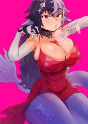 Rule 34 | 1girl, absurdres, alcohol, black hair, breasts, choker, cleavage, cuffs, cup, dress, drinking glass, fins, fish bone, fish tail, gs16 (chug), hair ornament, highres, huge breasts, indie virtual youtuber, jourjii, large breasts, long glove, long hair, looking at viewer, mermaid, monster girl, multicolored hair, murmaider, pink background, red dress, red eyes, sitting, skin tight, solo, spill, spilling, tail, teasing, two-tone hair, virtual youtuber, white hair, wine, wine glass