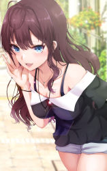 Rule 34 | 1girl, :d, absurdres, ahoge, black shirt, blue eyes, blush, bra strap, bracelet, breasts, cleavage, collarbone, commentary request, day, hair between eyes, hand up, highres, ichinose shiki, idolmaster, idolmaster cinderella girls, jewelry, leaning forward, long hair, looking at viewer, medium breasts, necklace, off-shoulder shirt, off shoulder, open mouth, outdoors, purple hair, ring, ryuu., shirt, short shorts, shorts, smile, solo, wavy hair, white shorts