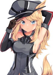 Rule 34 | 1girl, arm up, armpits, bismarck (kancolle), bismarck (kancolle) (cosplay), black gloves, blonde hair, blush, breasts, collarbone, commentary request, cosplay, dress, elbow gloves, gloves, gold city (umamusume), grey dress, grey eyes, grey hat, hand up, hat, highres, kantai collection, large breasts, long hair, looking at viewer, peaked cap, simple background, sleeveless, sleeveless dress, solo, tail, umamusume, upper body, white background, yasume yukito