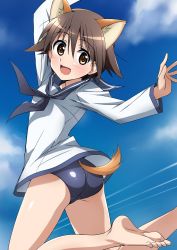 Rule 34 | 1girl, absurdres, animal ears, ass, barefoot, blush, breasts, brown eyes, brown hair, cloud, contrail, dog ears, dog tail, dress, feet, female focus, highres, looking at viewer, miyafuji yoshika, open mouth, sailor dress, short hair, sky, small breasts, smile, solo, strike witches, swimsuit, tail, tokiani, world witches series