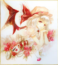 Rule 34 | 1girl, acrylic paint (medium), arm support, bad id, bad pixiv id, bat wings, brooch, chain, crown, cup, flower, food, fork, fruit, hat, hat ribbon, head rest, jewelry, keiko (mitakarawa), looking at viewer, lying, mob cap, on stomach, own hands together, painting (medium), pocket watch, puffy short sleeves, puffy sleeves, red eyes, red flower, red rose, remilia scarlet, ribbon, rose, saucer, shikishi, short hair, short sleeves, silver hair, skirt, skirt set, smile, solo, strawberry, teacup, teaspoon, touhou, traditional media, watch, watercolor (medium), white background, wings